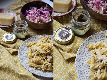 Gluten free pasta with almond cream and truffles